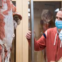 Students looking at anatomy learning sculpture